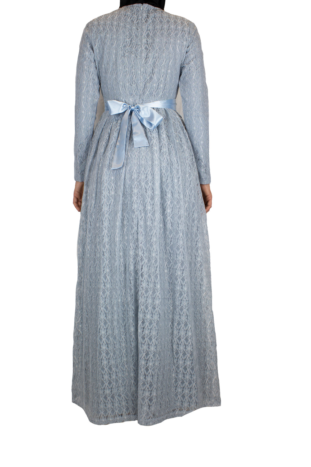 Long Sleeve Lace Maxi Dress with Satin Belt - Pale Blue Bella Hijabs Long Sleeve Lace Maxi Dress with Satin Belt - Pale Blue Bella Hijabs