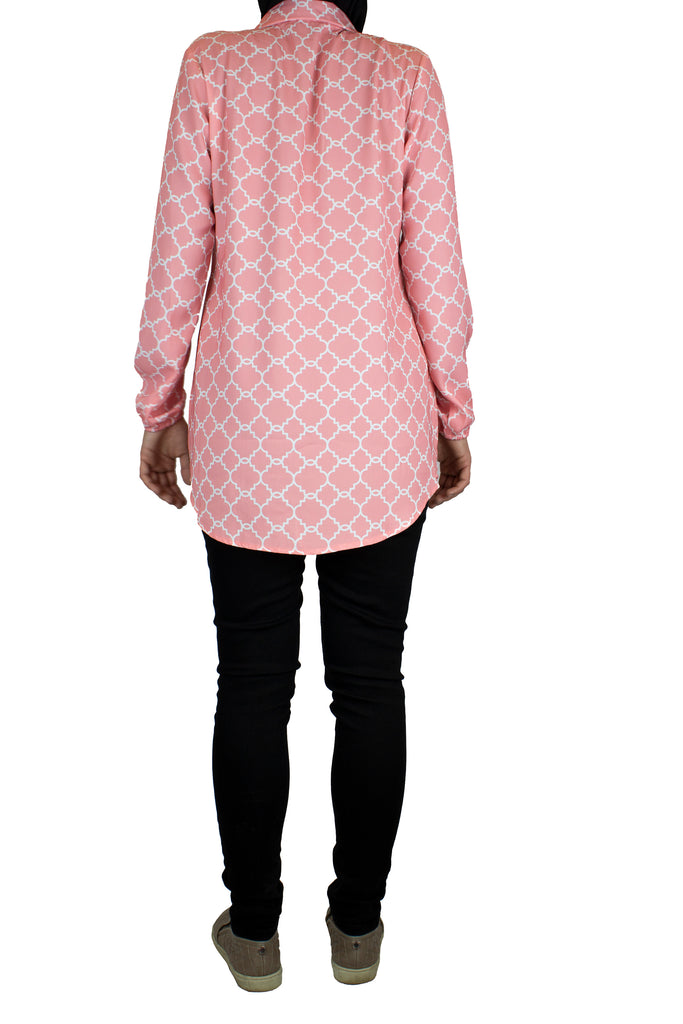 long sleeve modest pink blouse with geometric print