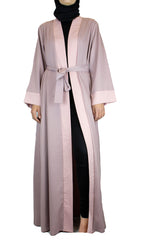 open front abaya in mauve and light pink with a waist tie