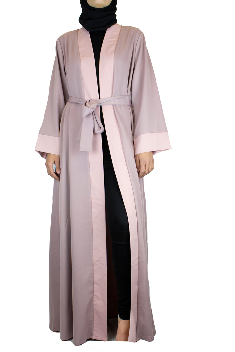 open front abaya in mauve and light pink with a waist tie