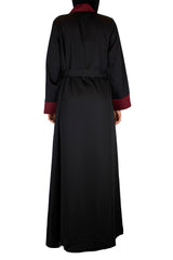 black open abaya with maroon trim and waist tie