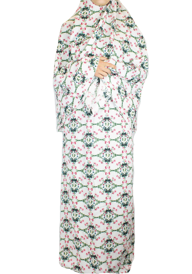 skirt for salah set with pink, green, and white floral print