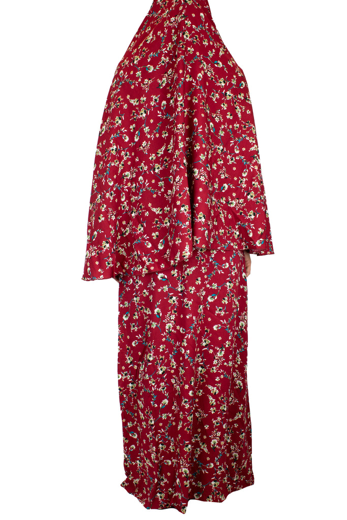 two piece salah outfit with hijab and skirt printed with maroon floral