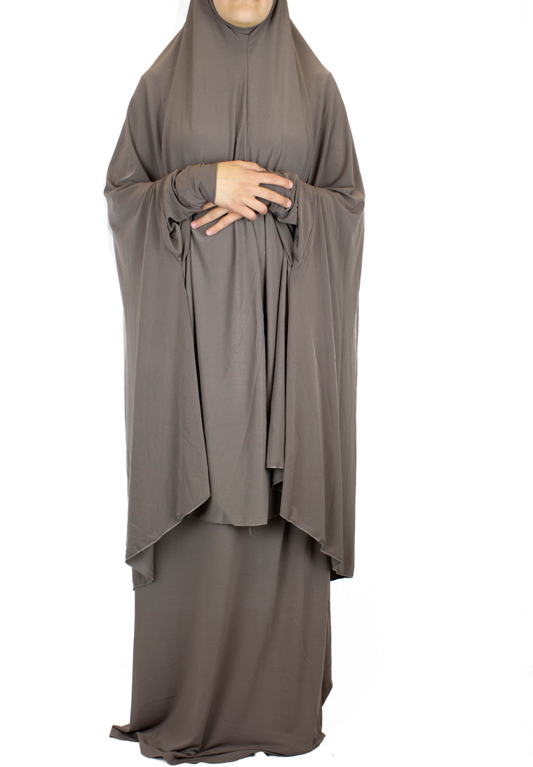 two piece prayer set for muslim woman with hijab and sleeves and a skirt