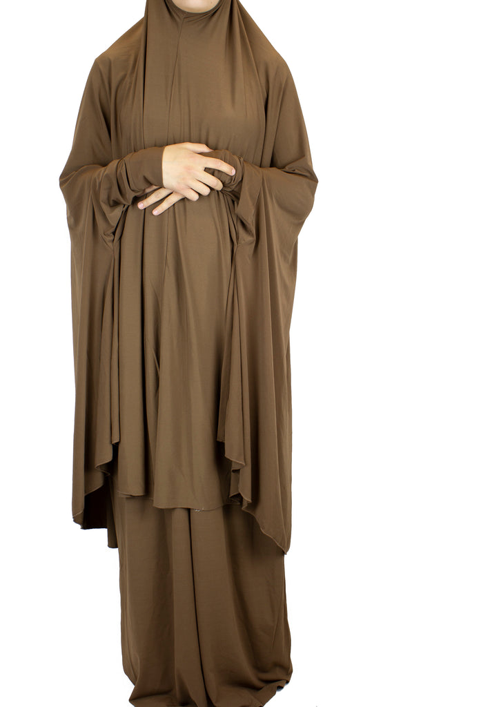 brown two piece prayer set with a long khimar that covers to the knees and a maxi skirt