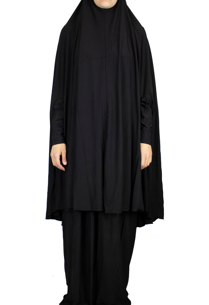 black two piece prayer set with a long khimar that covers to the knees and a maxi skirt
