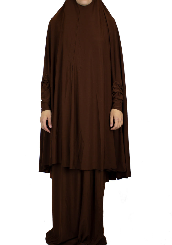 dark brown two piece prayer set with a long khimar that covers to the knees and a maxi skirt
