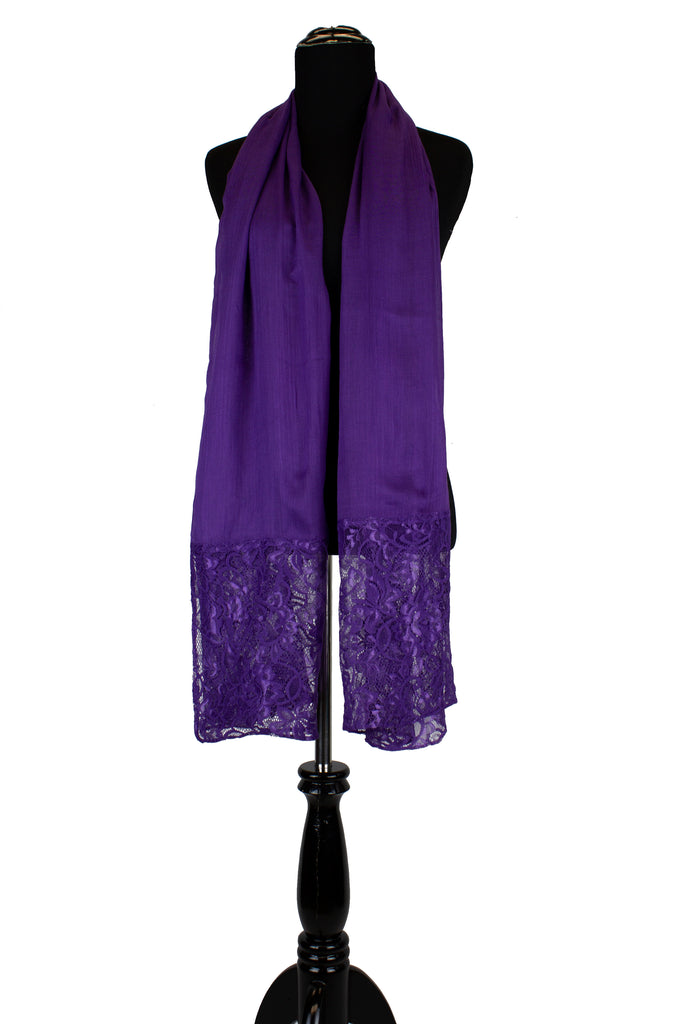 solid purple hijab made with modal fabric and embellished with lace at the ends
