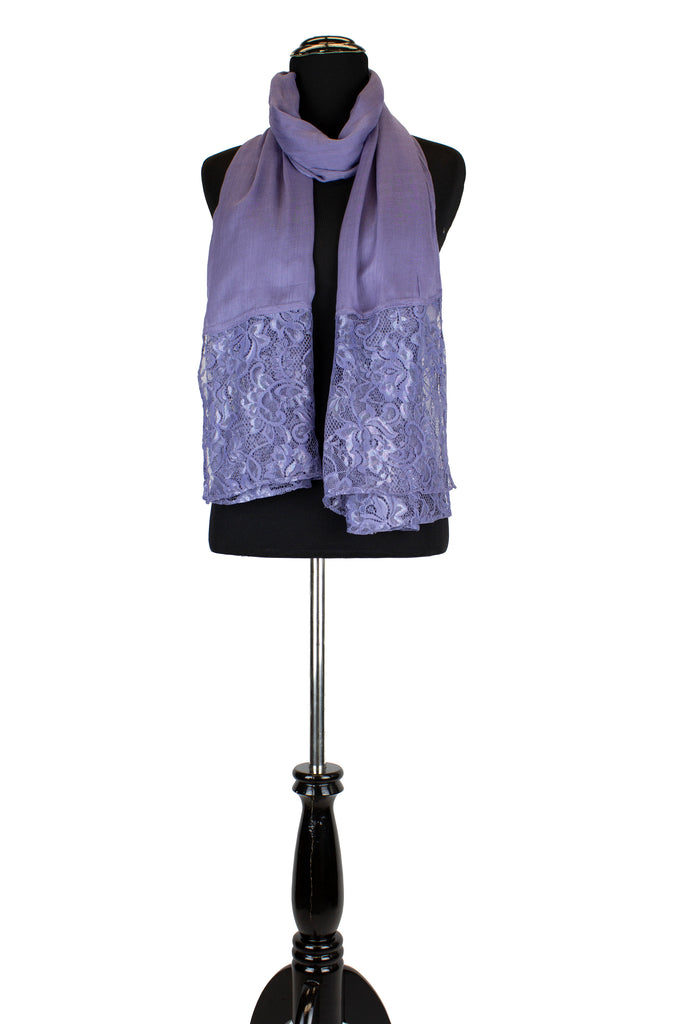 solid periwinkle hijab made with modal fabric and embellished with lace at the ends