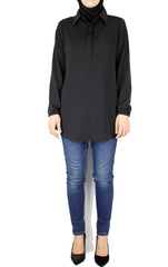 black long sleeve blouse with a basic collar and buttons