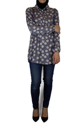 gray dandelion printed top with simple elastic sleeves, a collar, and three buttons
