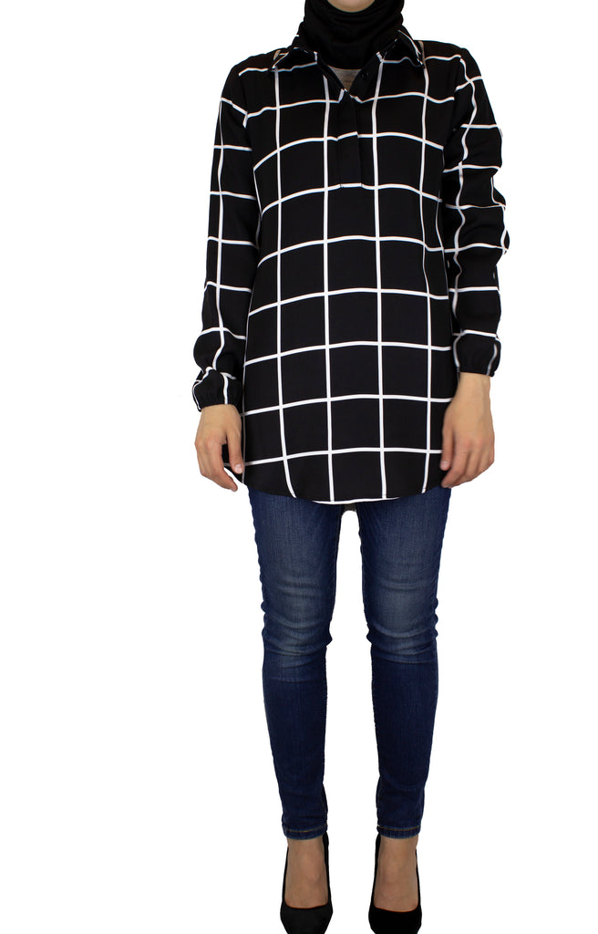 black and white long sleeve grid top with collar
