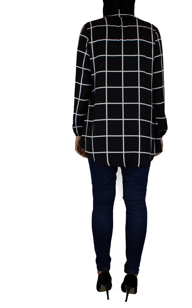 black and white long sleeve collar shirt with grid pattern