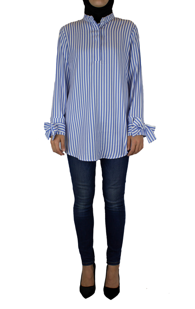 women's blue and white striped bow sleeve blouse