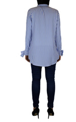 women's blue and white striped bow sleeve blouse