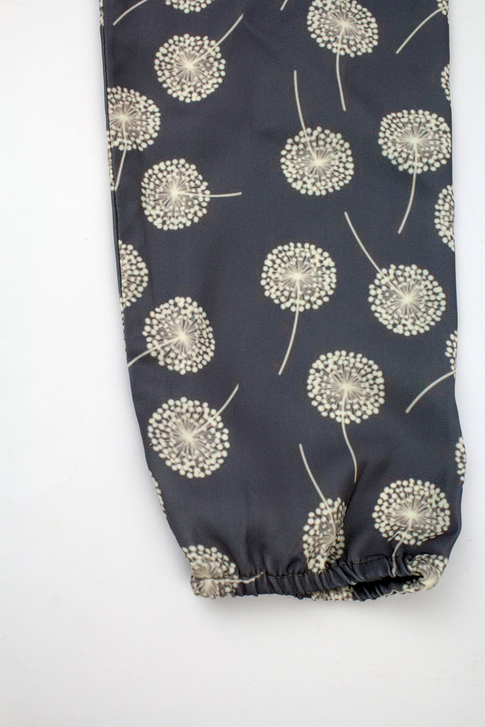 gray dandelion printed top with simple elastic sleeves, a collar, and three buttons