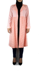 light pink long sleeved cardigan embellished with creme lace with pockets and a waist tie