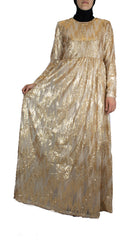 creme long sleeve maxi dress with gold sequins