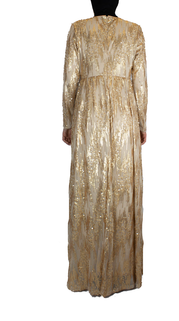 creme long sleeve maxi dress with gold sequins