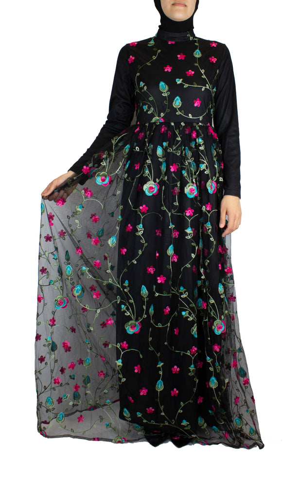 black floral embroidered long sleeve maxi dress in chiffon 