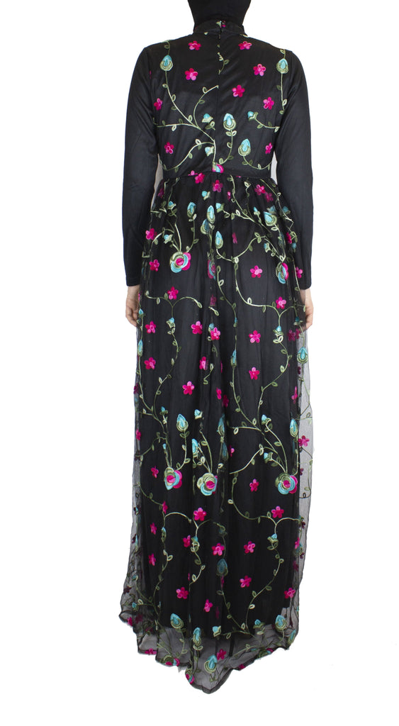 black floral embroidered long sleeve maxi dress in chiffon 