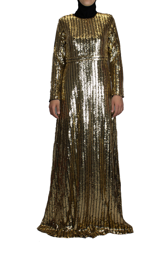 long sleeve gold and black sequin maxi dress