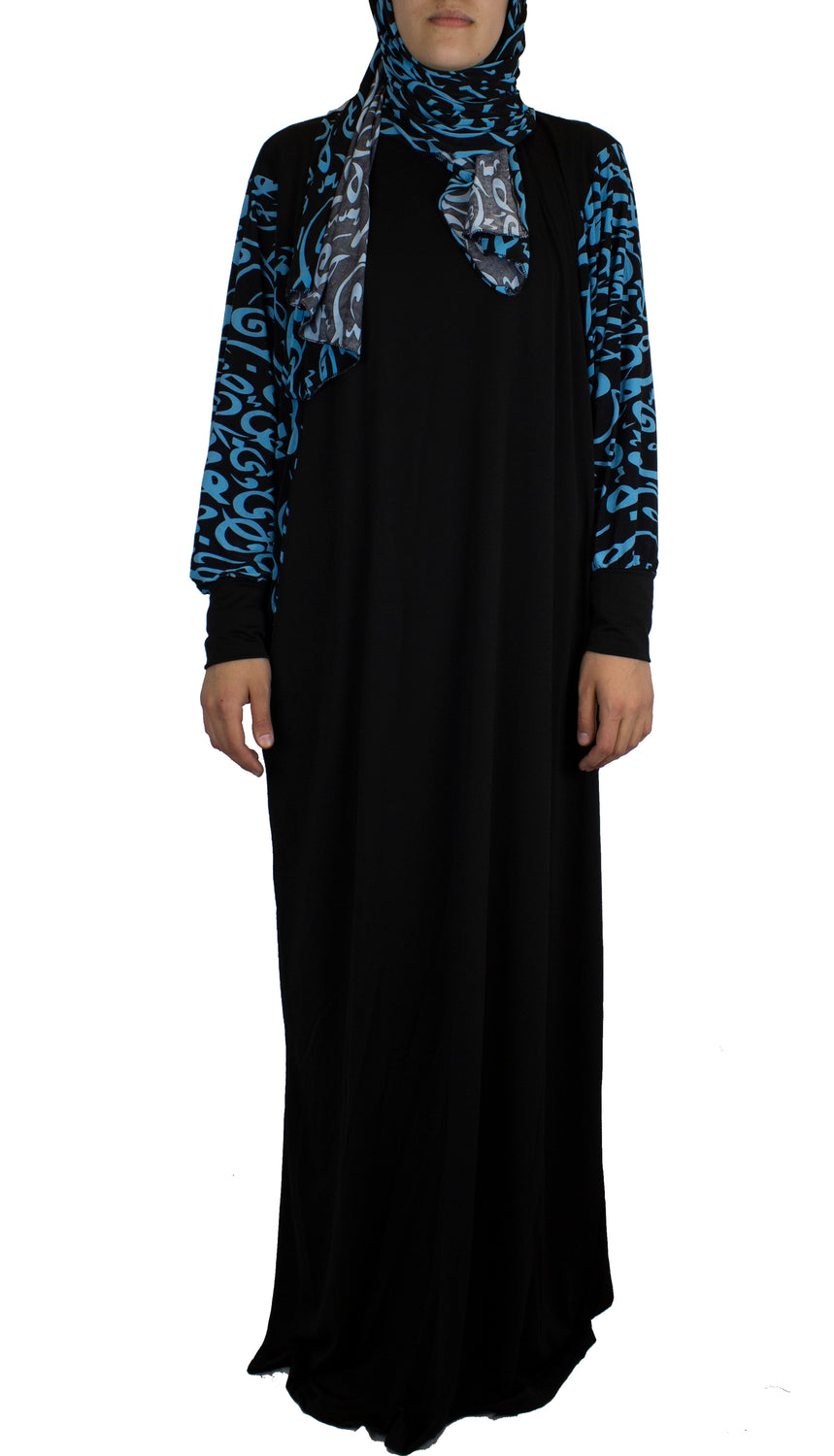 black and blue one piece abaya with arabic calligraphy detailing and a hijab attached