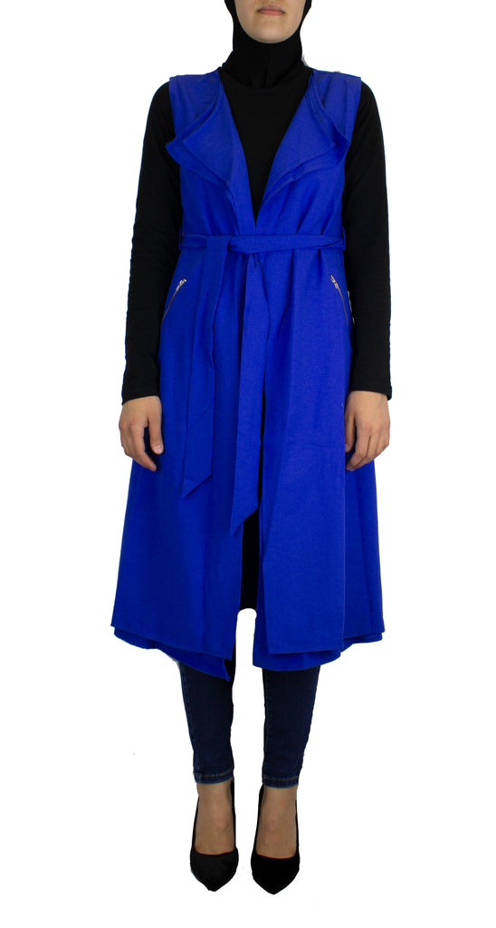 royal blue cascade sleeveless vest with a waist belt and pockets