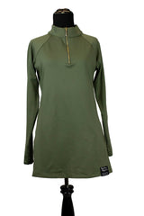 long sleeved workout top in olive with a gold zipper