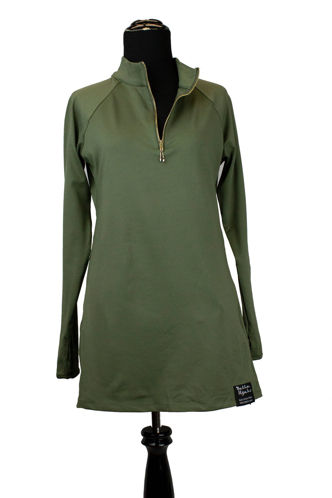 long sleeved workout top in olive with a gold zipper