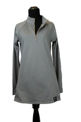 long sleeved workout top in gray with a gold zipper
