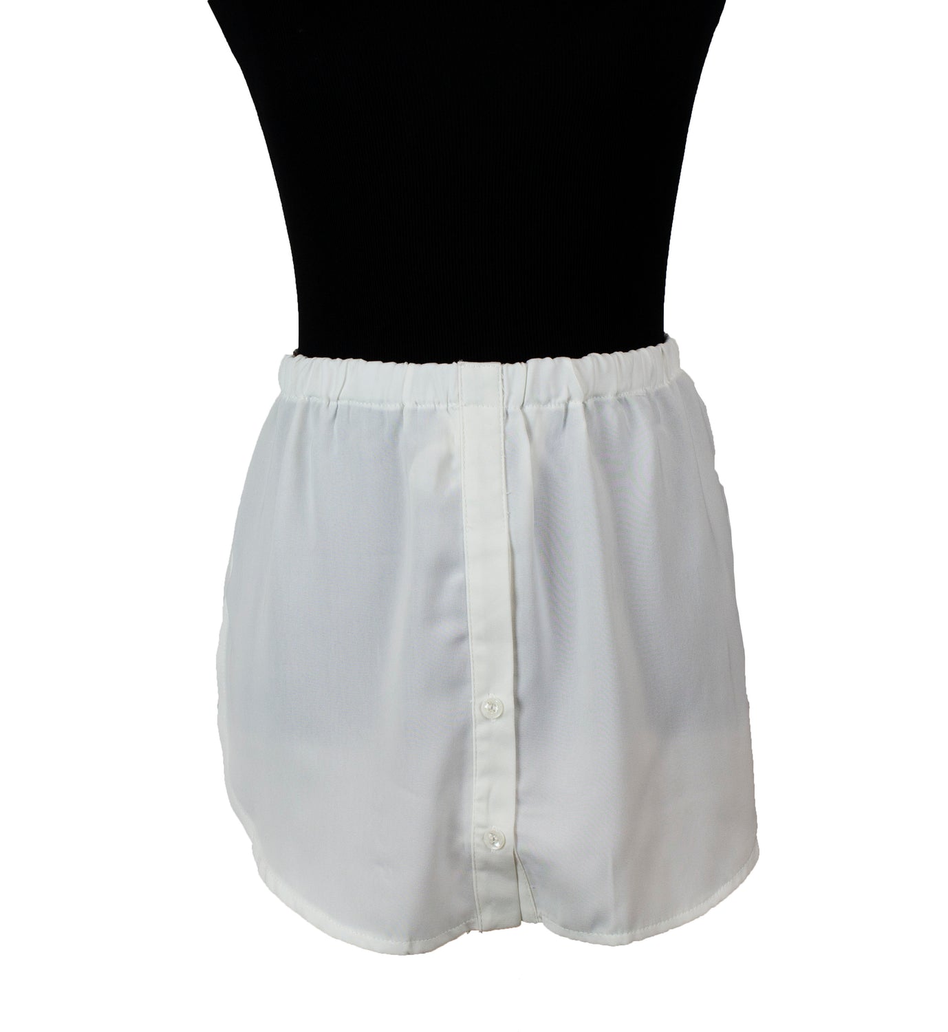 fake shirt extender in white with buttons and an elastic waistband