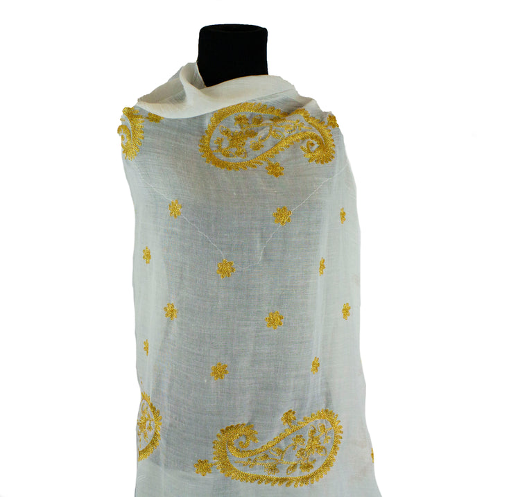 Gold Embroidered Hijab - White