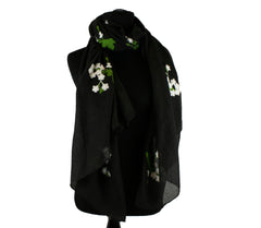 black hijab with white embroidered flowers and green details