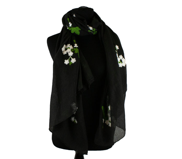 Floral Embroidered Hijab - Black
