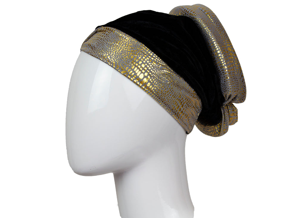 velvet bonnet cap turban with jewels and a floral embellishment 