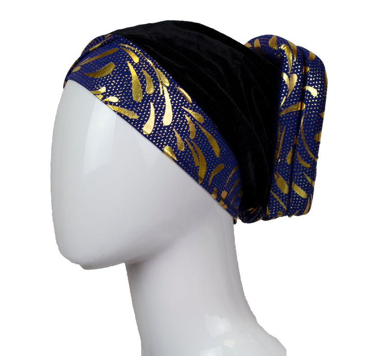 Velvet Bonnet Cap - Blue & Gold