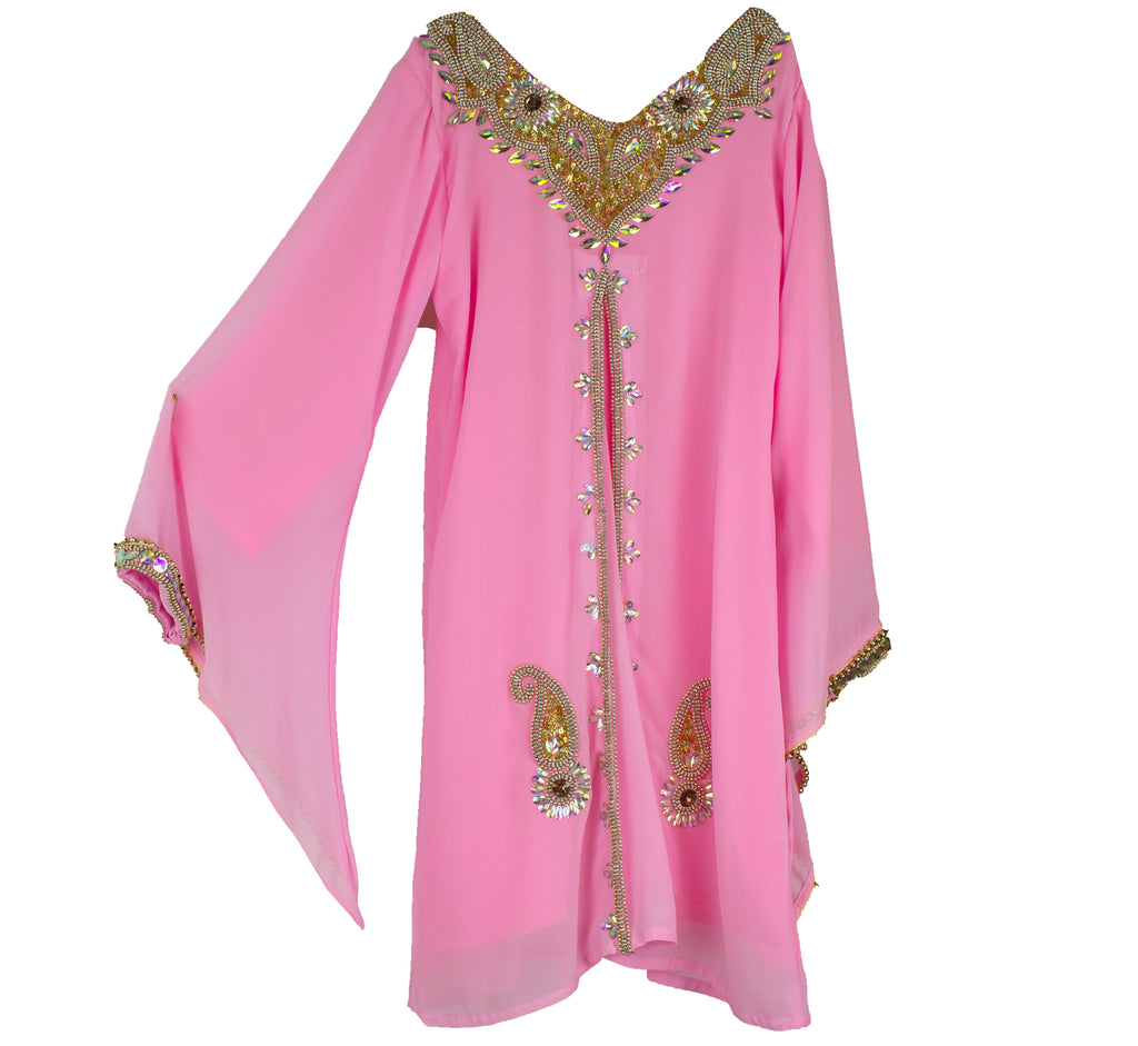 girls hand beaded kaftan in pink and gold