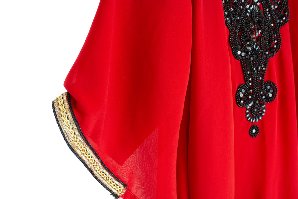 girls hand beaded kaftan in red and black