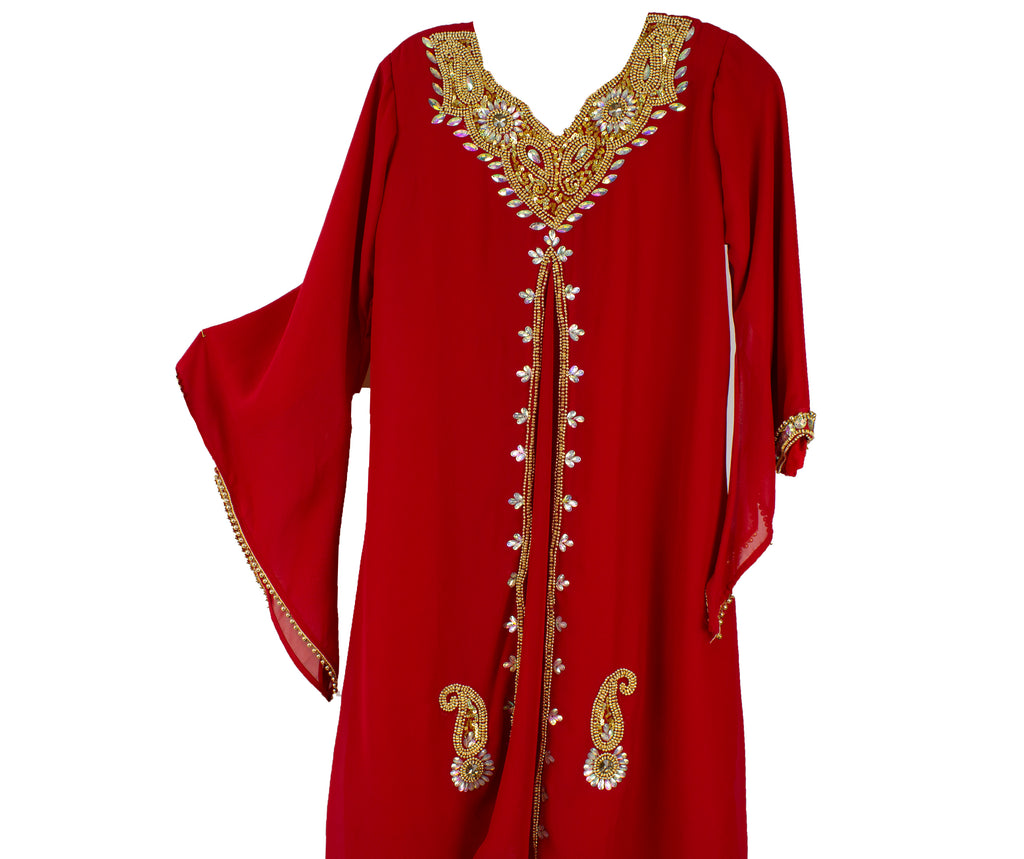 girls hand beaded kaftan in red and gold