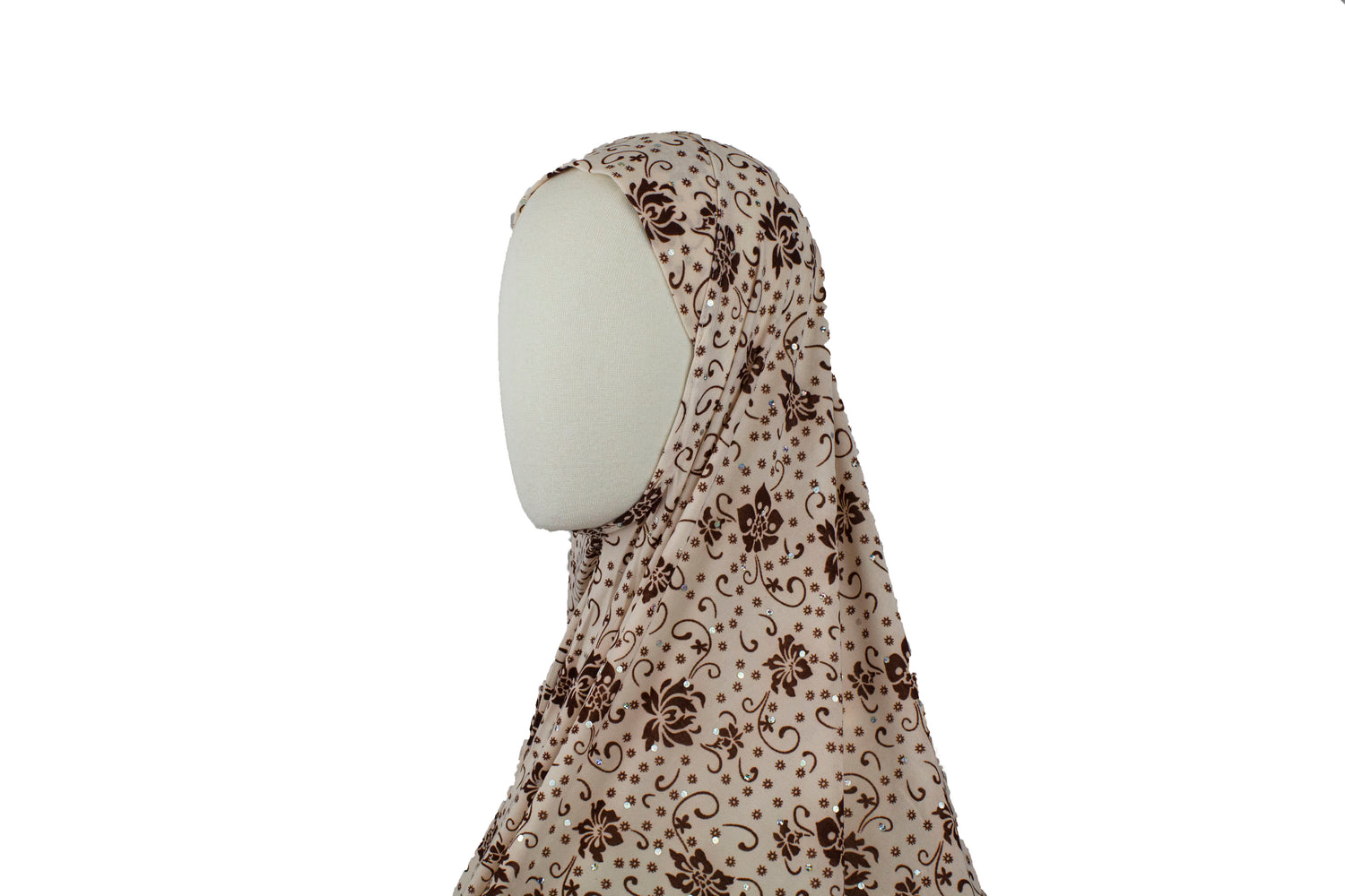 long printed tan and brown one piece slip on hijab with sequins