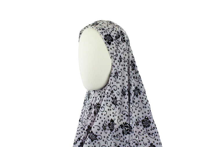 One-Piece Sequin Slip-on Khimar - Black and White Floral