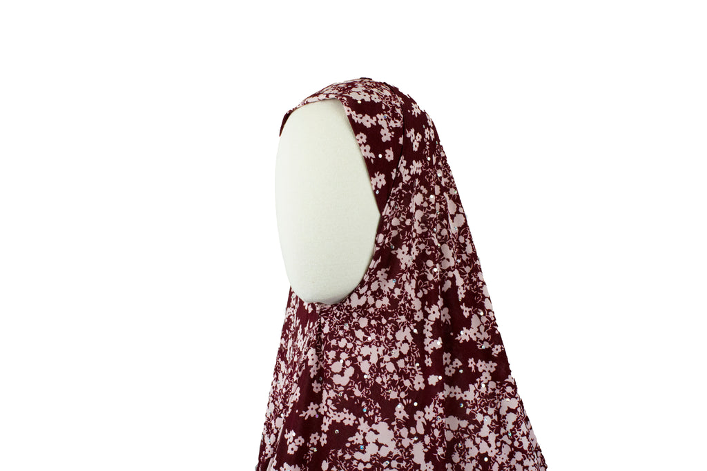 long printed burgundy one piece slip on hijab with sequins