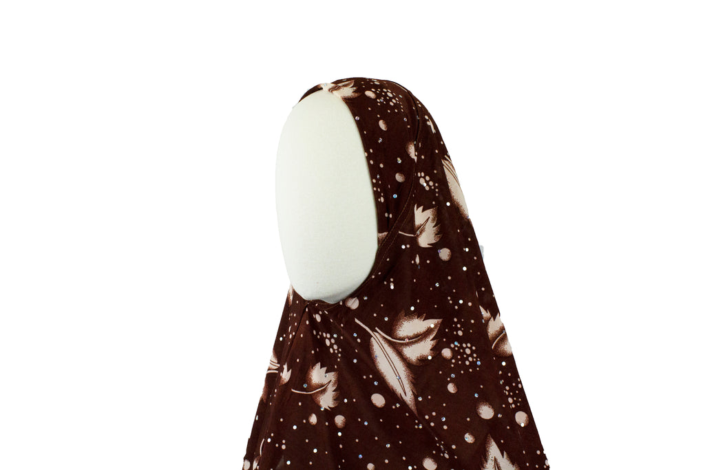 long printed brown one piece slip on hijab with sequins