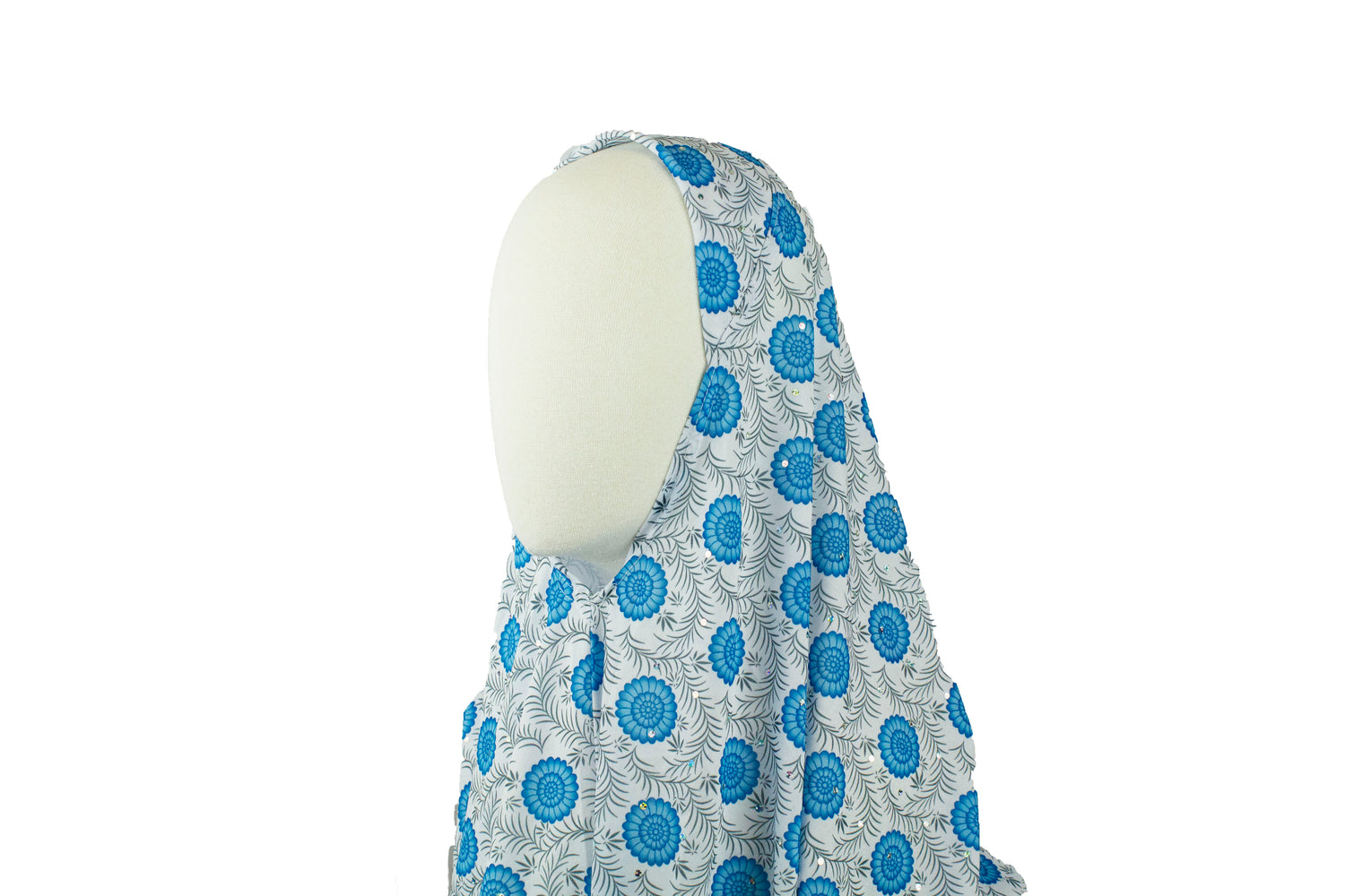 long printed blue and white one piece slip on hijab with sequins
