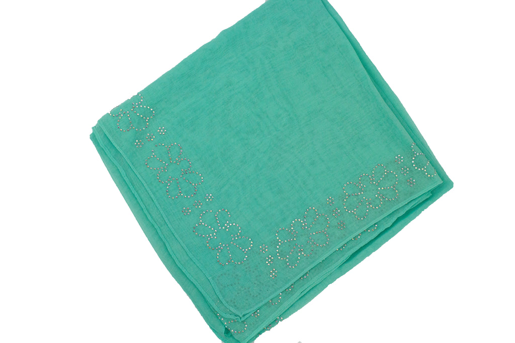teal viscose square hijab with jewels on the trim