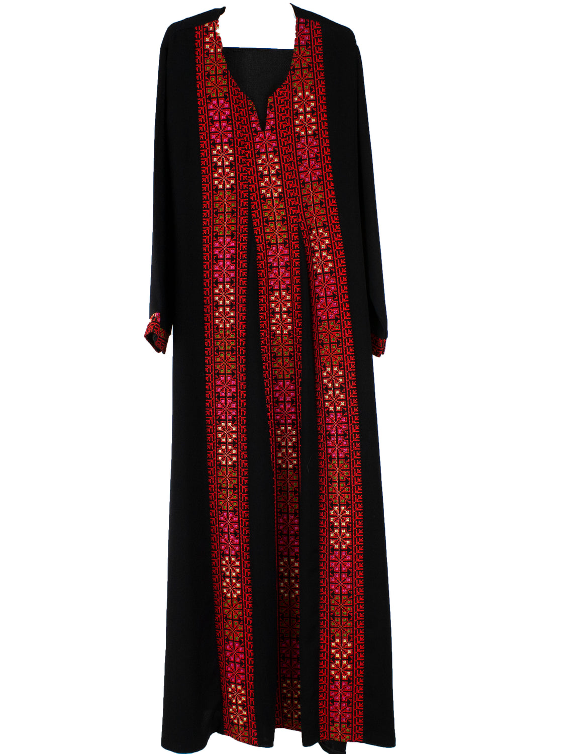 girls embroidered abaya with palestinian embroidery in red and black 