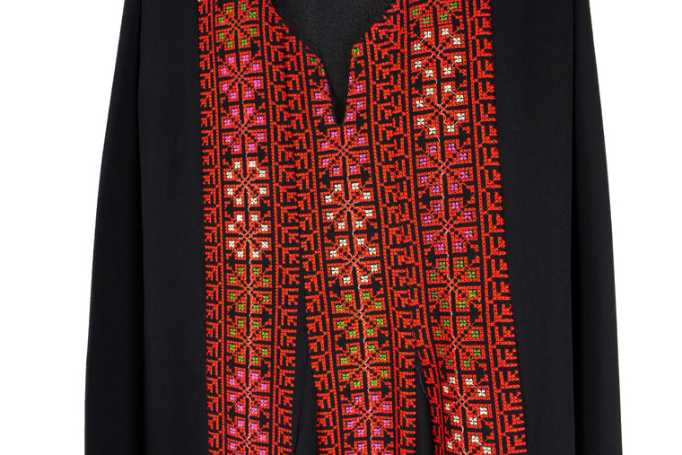 girls embroidered abaya with palestinian embroidery in red and black 