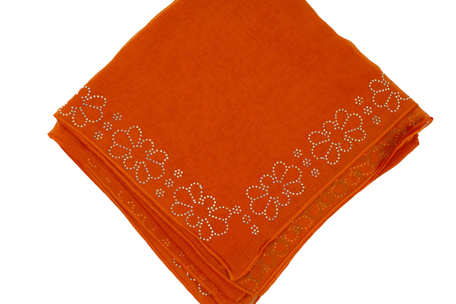 orange square hijab with jewels along the trim
