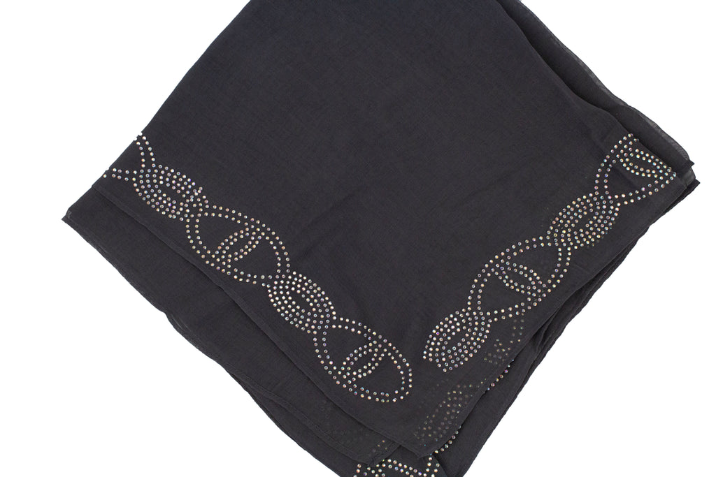 dark gray square hijab with jewels along the trim